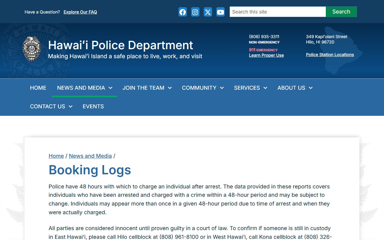 Hawaii booking reports daily booking logs page