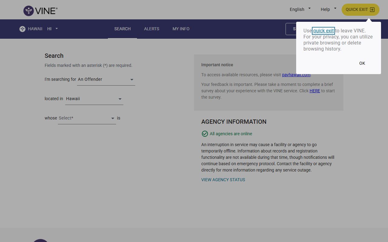 Hawaii booking reports SAVIN victim notification