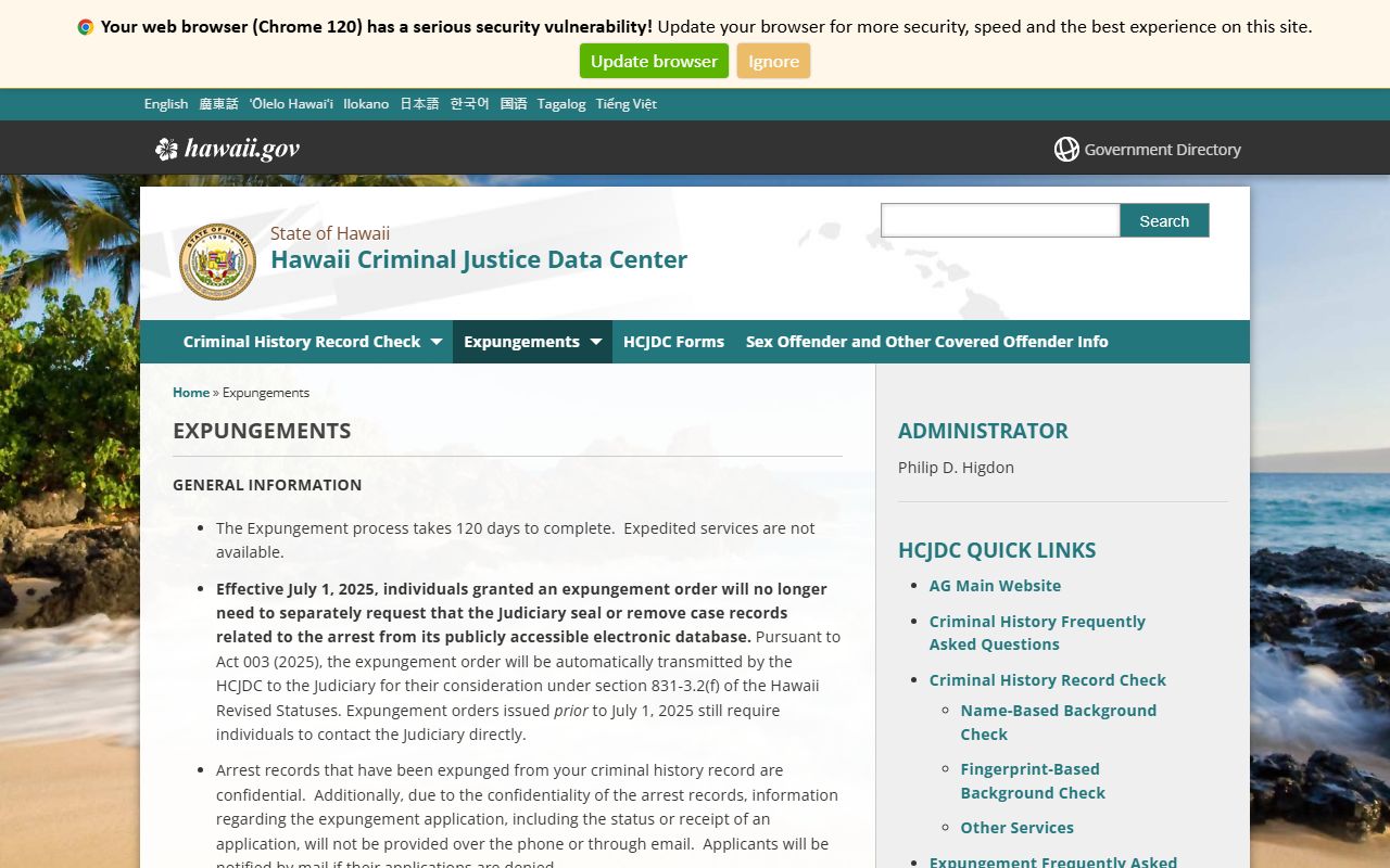 Hawaii booking reports HCJDC expungements page